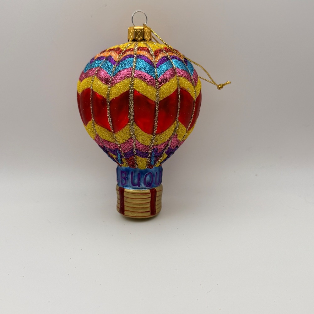 Albuquerque Hot Air Balloon Glass Christmas Ornament Glitter Red Yellow Blue 5"